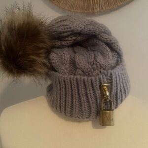 Gray Knit Beanie with Faux Fur Pom and Authentic LV Lock Accent